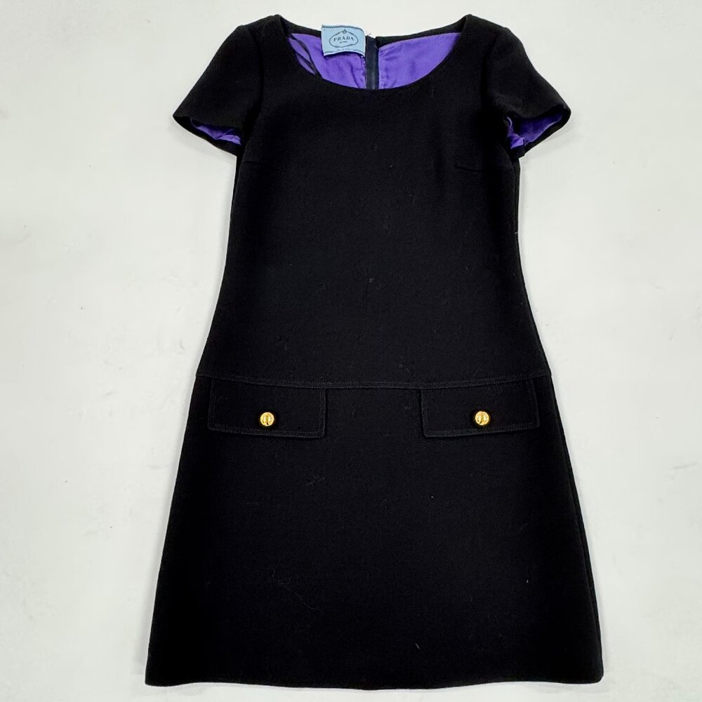 Prada Black Virgin Wool Mini Shift Dress w/ Purple Silk-Blend Lining (IT 42)